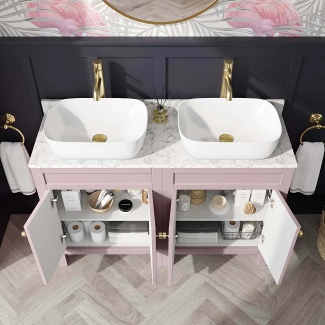 Bermuda Cashmere Pink with Marble Top & Curved Counter Top Basin 1200mm - Brushed Brass Accents