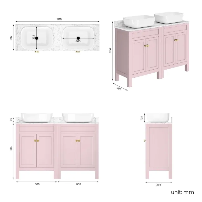 Bermuda Cashmere Pink with Marble Top & Curved Counter Top Basin 1200mm - Brushed Brass Accents