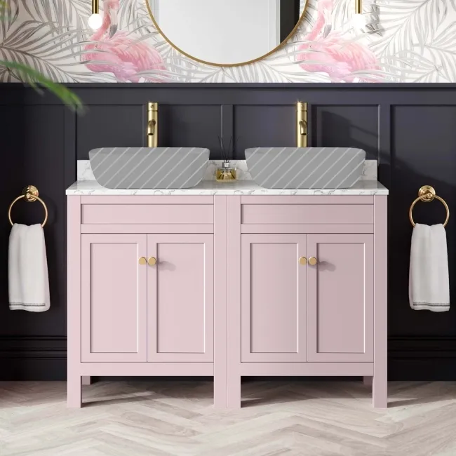 Bermuda Cashmere Pink Cabinet with Marble Top 1200mm (Excludes Counter Top Basin) - Brushed Brass Accents