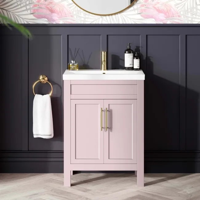 Bermuda Cashmere Pink Basin Vanity 600mm - Brass Knurled Handles