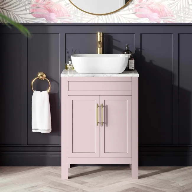 Bermuda Cashmere Pink Vanity with Marble Top & Curved Counter Top Basin 600mm - Brass Knurled Handles