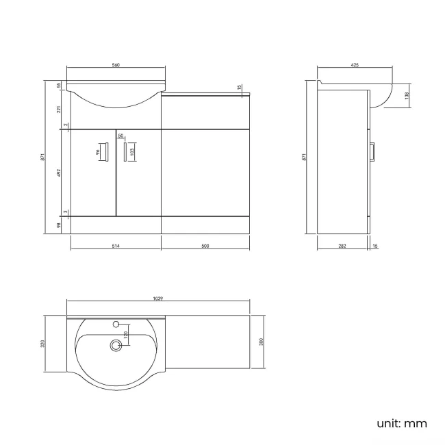 Quartz Gloss White Basin Vanity and Back To Wall Toilet Unit 1050mm - Excludes Toilet