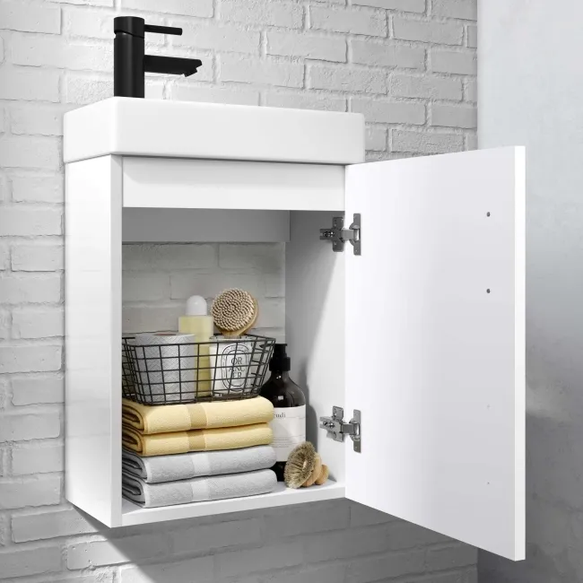 Quartz Gloss White Cloakroom Wall Hung Basin Vanity 400mm - Black Accents