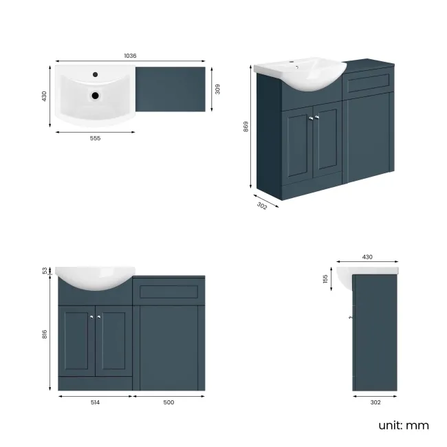 Capri Navy Blue Basin Vanity and Back To Wall Unit 1050mm (Excludes Toilet) - Chrome Handles