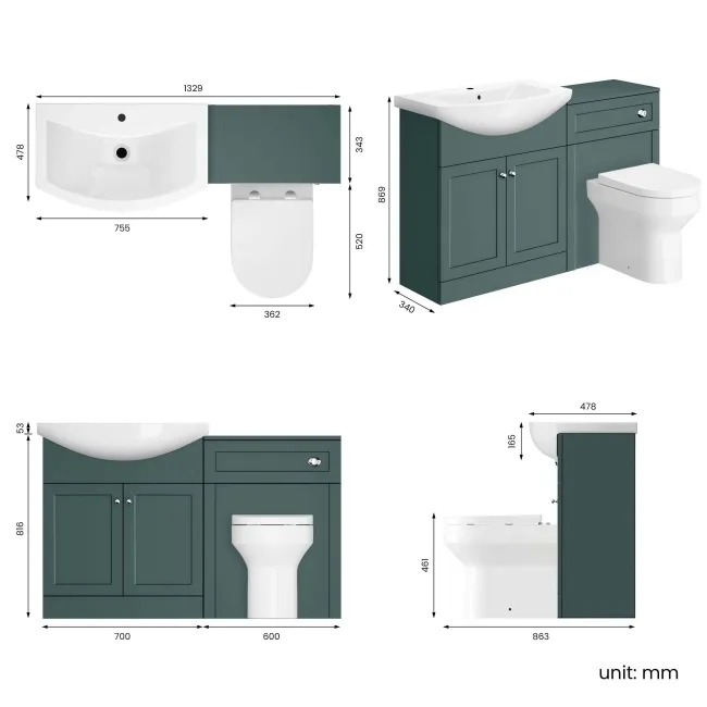 Capri Mystic Green Combination Vanity Basin and Denver Toilet 1350mm - Chrome Handles