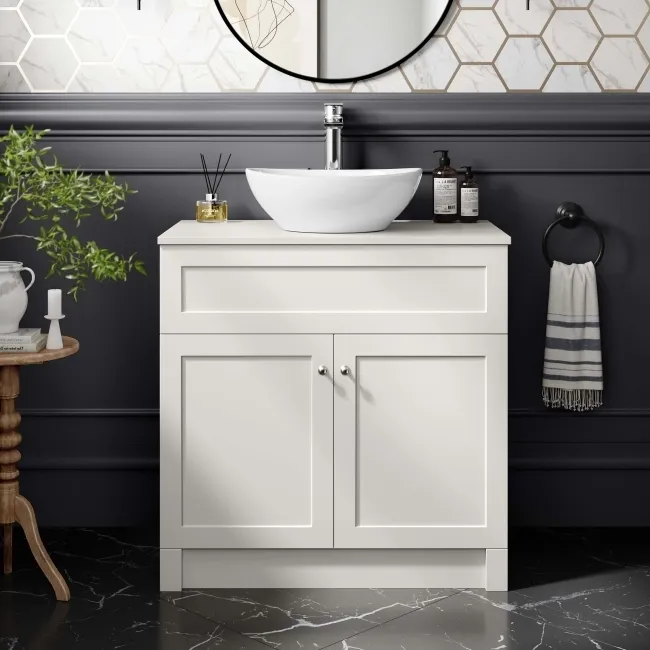 Milos Cotton White Vanity with Oval Basin 800mm - Brushed Handles