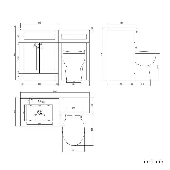 Milos Cotton White Combination Vanity Basin and Austin Toilet 1100mm - Chrome Handles
