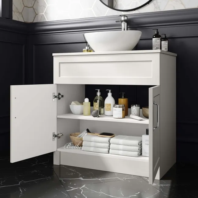 Milos Cotton White Vanity with Oval Basin 800mm - Traditional Handles