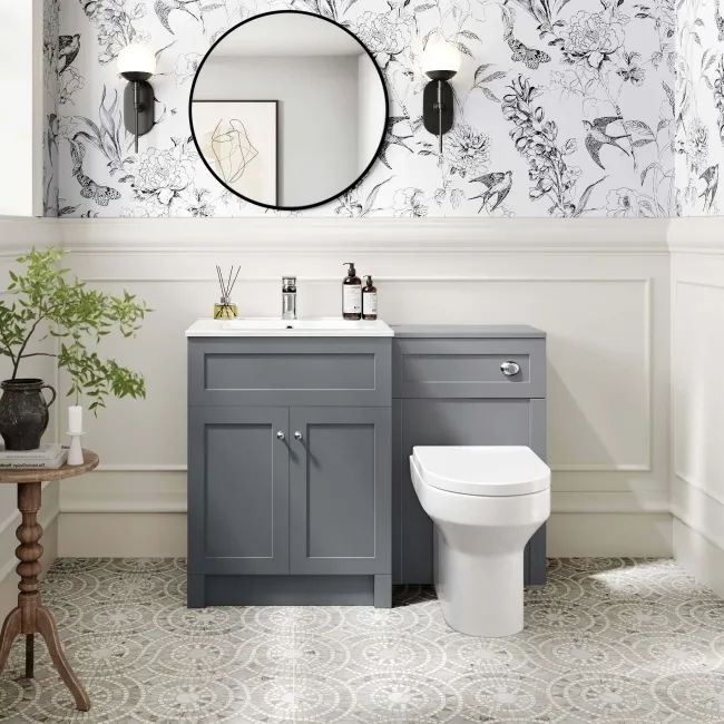 Milos Fog Grey Combination Vanity Basin and Denver Toilet 1100mm - Chrome Handles
