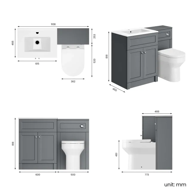 Milos Fog Grey Combination Vanity Basin and Denver Toilet 1100mm - Chrome Handles