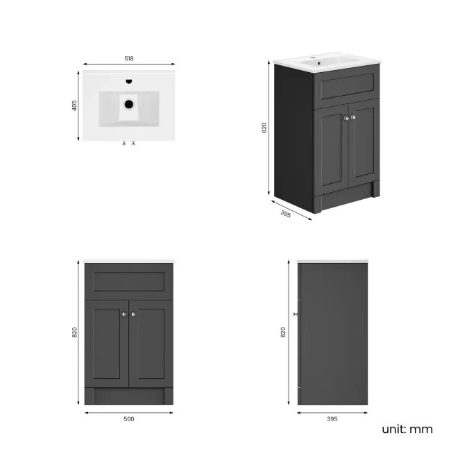 Milos Slate Grey Basin Vanity 500mm - Brushed Handles