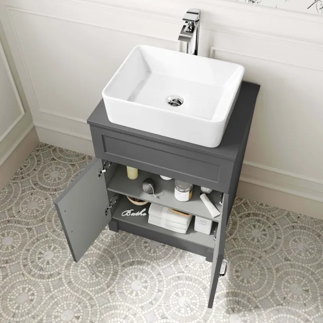 Milos Slate Grey Vanity with Troy Basin 600mm - Traditional Handles