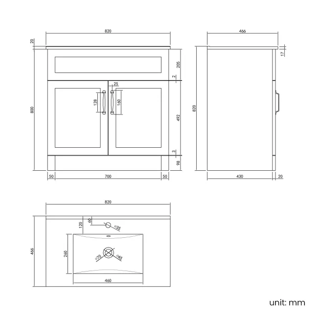 Milos Slate Grey Basin Vanity 800mm - Traditional Handles