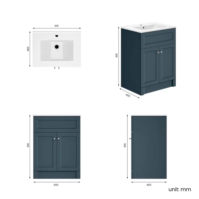 Milos Navy Blue Basin Vanity 600mm - Brushed Handles