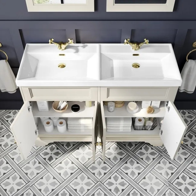 Lucia Chalk White Double Basin Vanity 1200mm - Brushed Brass Accents
