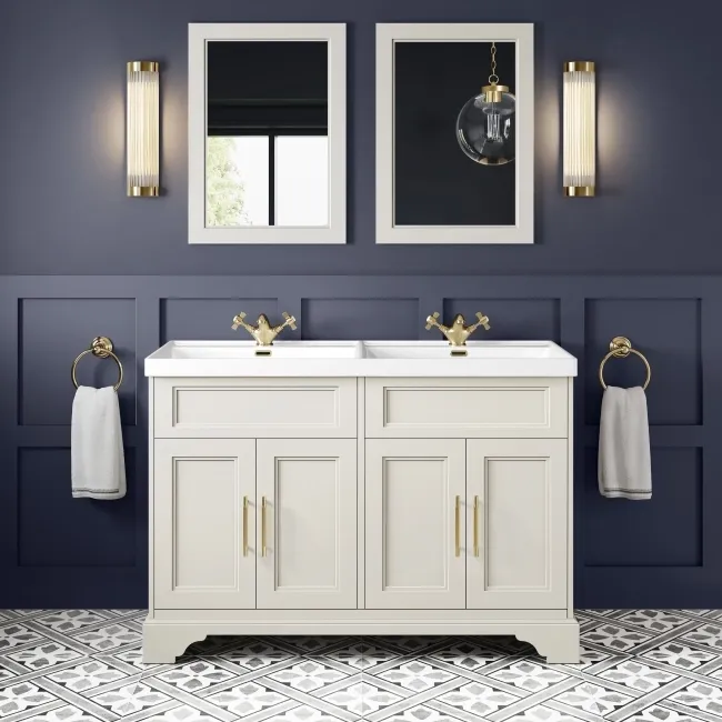Lucia Chalk White Double Basin Vanity 1200mm - Brass Knurled Handles