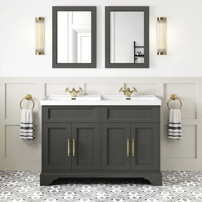 Lucia Graphite Grey Double Basin Vanity 1200mm - Brass Knurled Handles