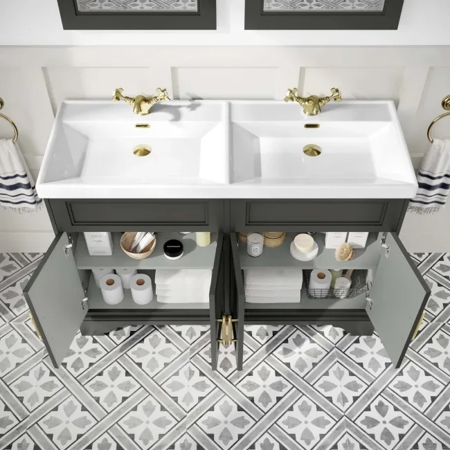 Lucia Graphite Grey Double Basin Vanity 1200mm - Brass Knurled Handles