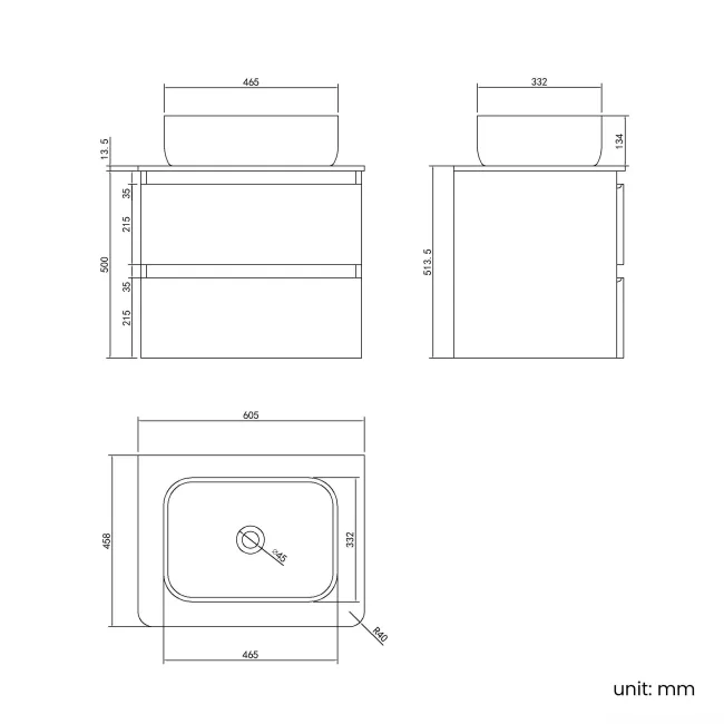 Corsica Gloss White Wall Hung Drawer Vanity with Marble Top & Curved Counter Top Basin 600mm
