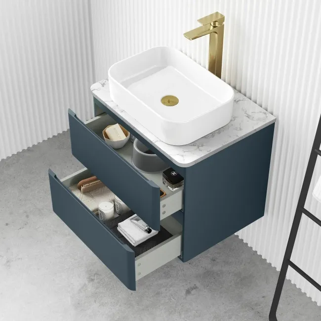 Corsica Inky Blue Wall Hung Drawer Vanity with Marble Top & Marin Basin 600mm