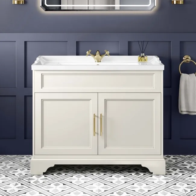 Lucia Chalk White Basin Vanity 1030mm - Brass Knurled Handles