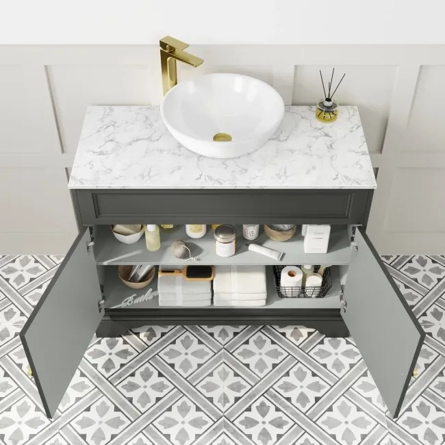Lucia Graphite Grey Vanity with Marble Top & Round Counter Top Basin 1030mm - Brushed Brass Accents
