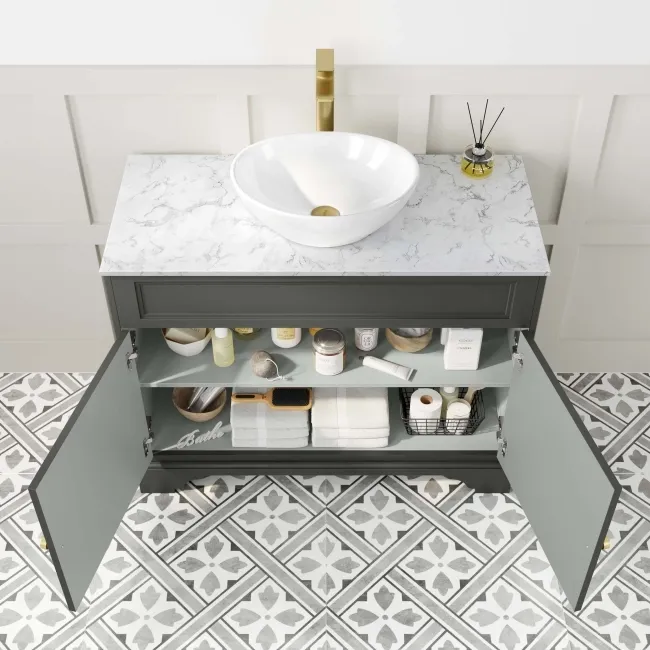 Lucia Graphite Grey Vanity with Marble Top & Oval Counter Top Basin 1030mm - Brushed Brass Accents