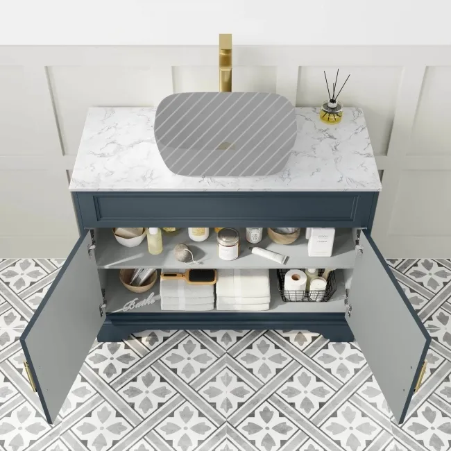 Lucia Inky Blue Cabinet with Marble Top 1030mm (Excludes Counter Top Basin) - Brass Knurled Handles