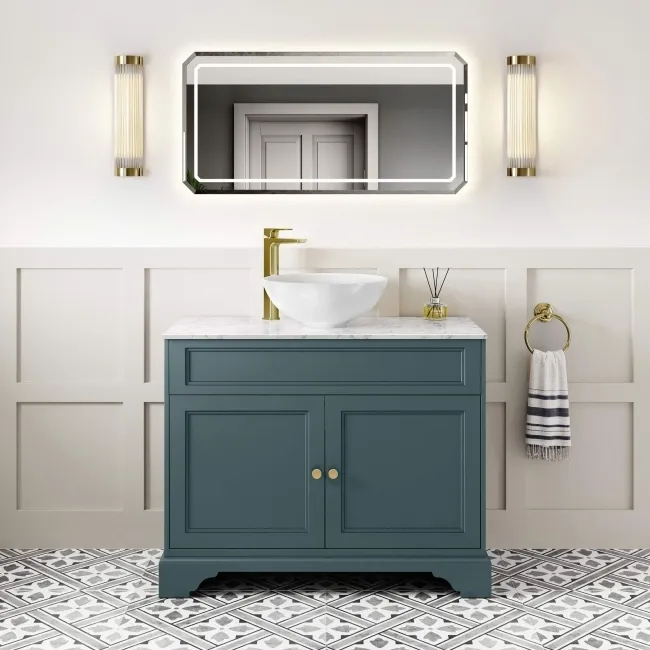 Lucia Midnight Green Vanity with Marble Top & Round Counter Top Basin 1030mm - Brushed Brass Accents