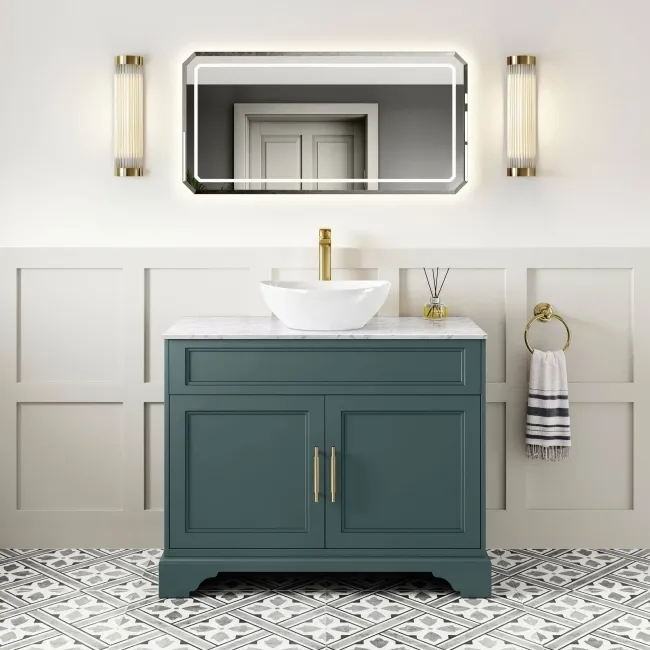 Lucia Midnight Green Vanity with Marble Top & Oval Counter Top Basin 1030mm - Brass Knurled Handles