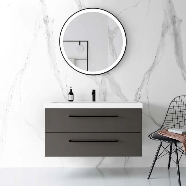 Elba Graphite Grey Wall Hung Basin Drawer Vanity 1000mm - Black Accents