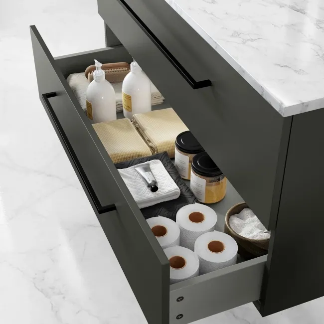 Elba Graphite Grey Wall Hung Drawer Vanity with Marble Top & Curved Counter Top Basin 1000mm - Black Accents