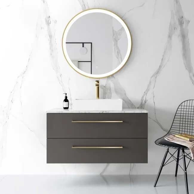 Elba Graphite Grey Wall Hung Drawer Vanity with Marble Top & Cody Basin 1000mm - Brushed Brass Accents