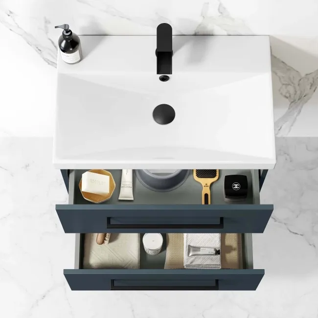 Elba Inky Blue Wall Hung Basin Drawer Vanity 600mm with Matt Black Stand