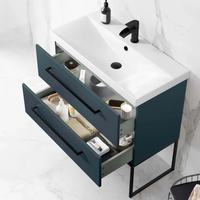 Elba Inky Blue Wall Hung Basin Drawer Vanity 800mm with Matt Black Stand