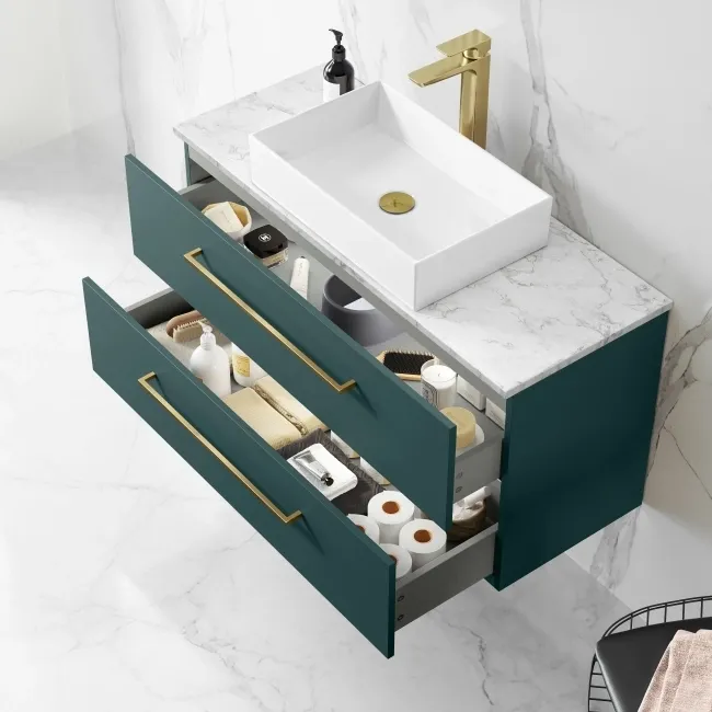 Elba Midnight Green Wall Hung Drawer Vanity with Marble Top & Cody Basin 1000mm - Brushed Brass Accents