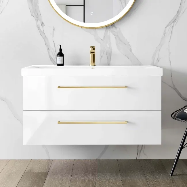 Elba Gloss White Wall Hung Basin Drawer Vanity 1000mm - Brushed Brass Accents