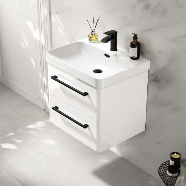 Omaha Gloss White Wall Hung Basin Drawer Vanity 600mm - Black Accents