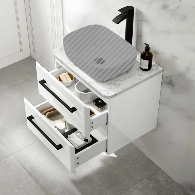 Omaha Gloss White Wall Hung Drawer Vanity with Marble Top 600mm (Excludes Counter Top Basin) - Black Accents