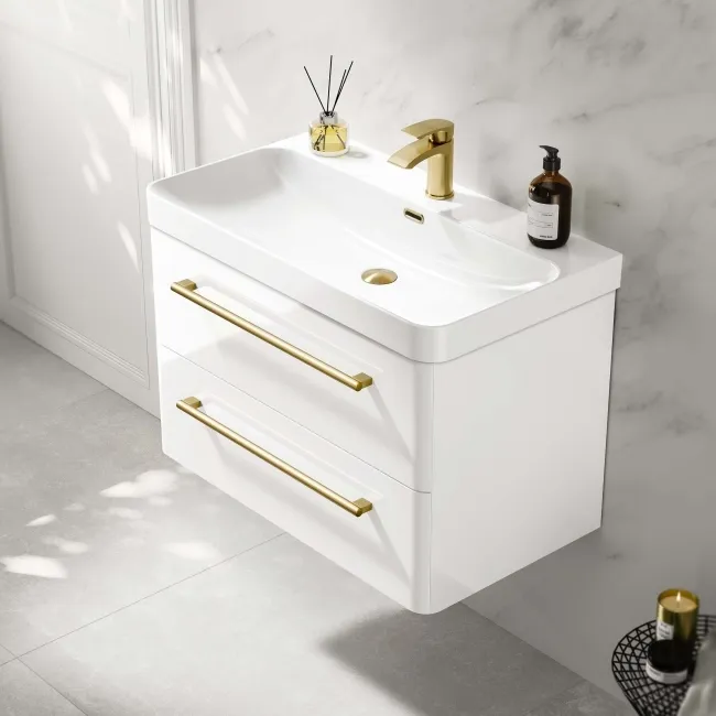 Omaha Gloss White Wall Hung Basin Drawer Vanity 800mm - Brushed Brass Accents