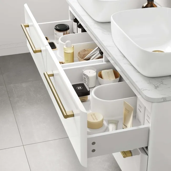 Omaha Gloss White Wall Hung Drawer Vanity with Marble Top & Curved Counter Top Basin 1200mm - Brushed Brass Accents
