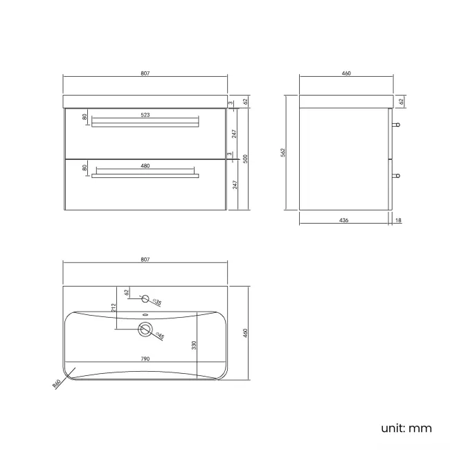 Omaha Slate Grey Wall Hung Basin Drawer Vanity 800mm
