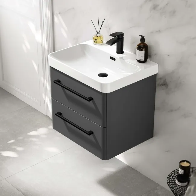 Omaha Slate Grey Wall Hung Basin Drawer Vanity 600mm - Black Accents