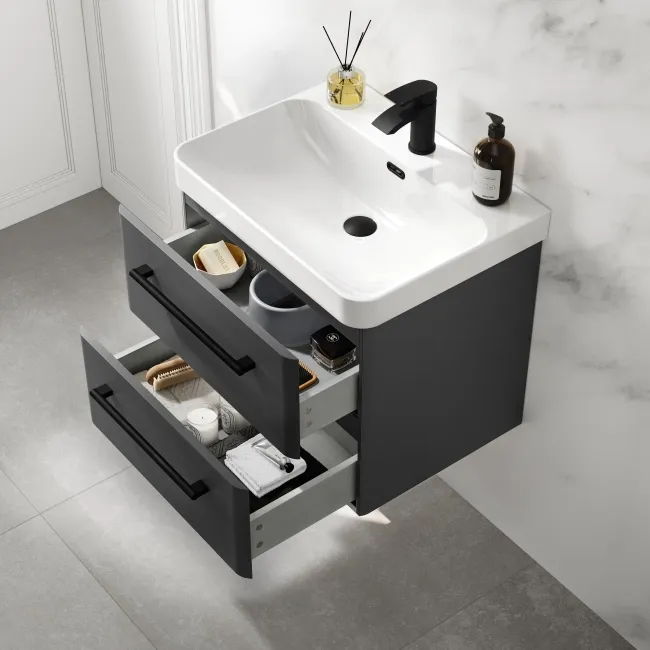 Omaha Slate Grey Wall Hung Basin Drawer Vanity 600mm - Black Accents