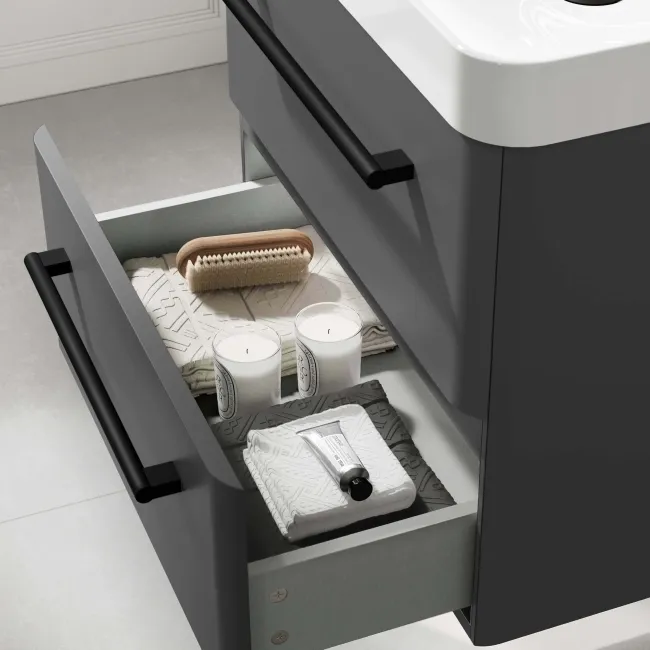 Omaha Slate Grey Wall Hung Basin Drawer Vanity 600mm - Black Accents