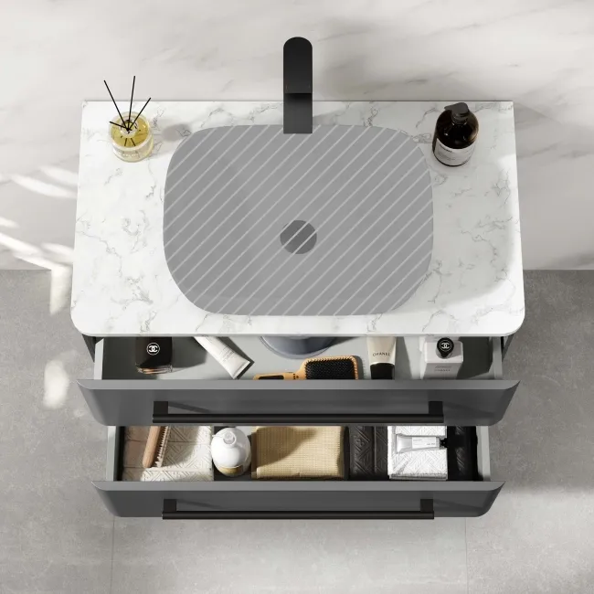 Omaha Slate Grey Wall Hung Drawer Vanity with Marble Top 800mm (Excludes Counter Top Basin) - Black Accents