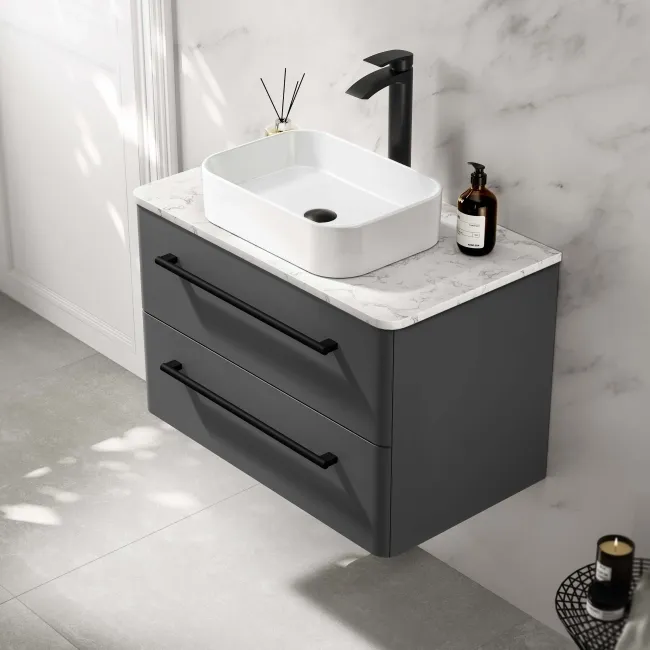 Omaha Slate Grey Wall Hung Drawer Vanity with Marble Top & Marin Basin 800mm - Black Accents
