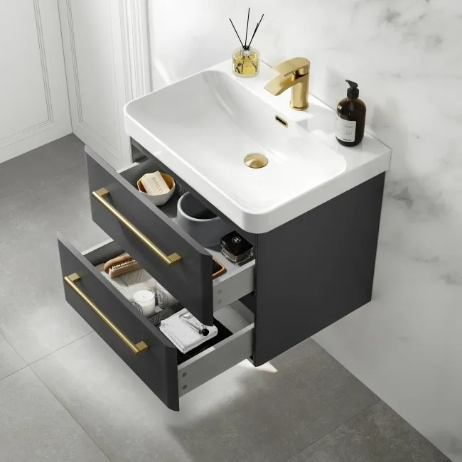 Omaha Slate Grey Wall Hung Basin Drawer Vanity 600mm - Brushed Brass Accents