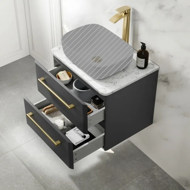 Omaha Slate Grey Wall Hung Drawer Vanity with Marble Top 600mm (Excludes Counter Top Basin) - Brushed Brass Accents