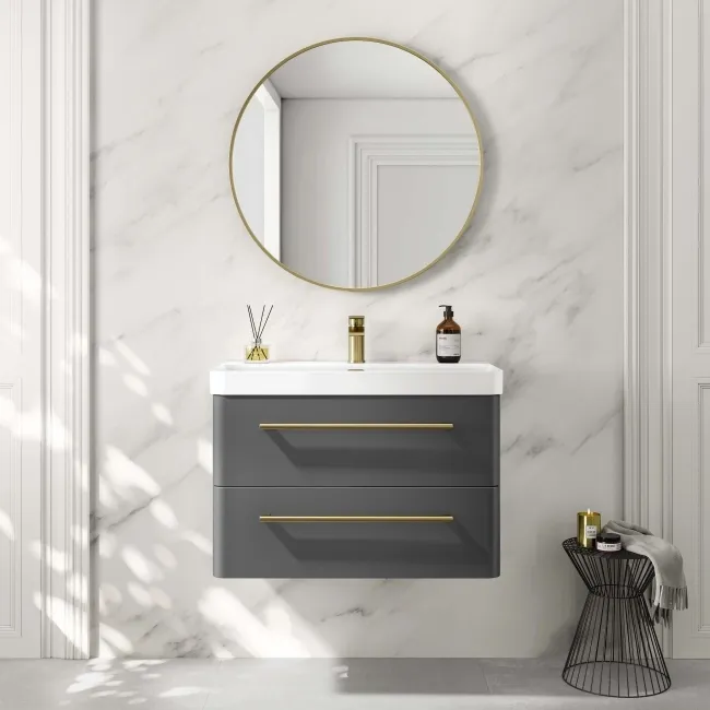 Omaha Slate Grey Wall Hung Basin Drawer Vanity 800mm - Brushed Brass Accents